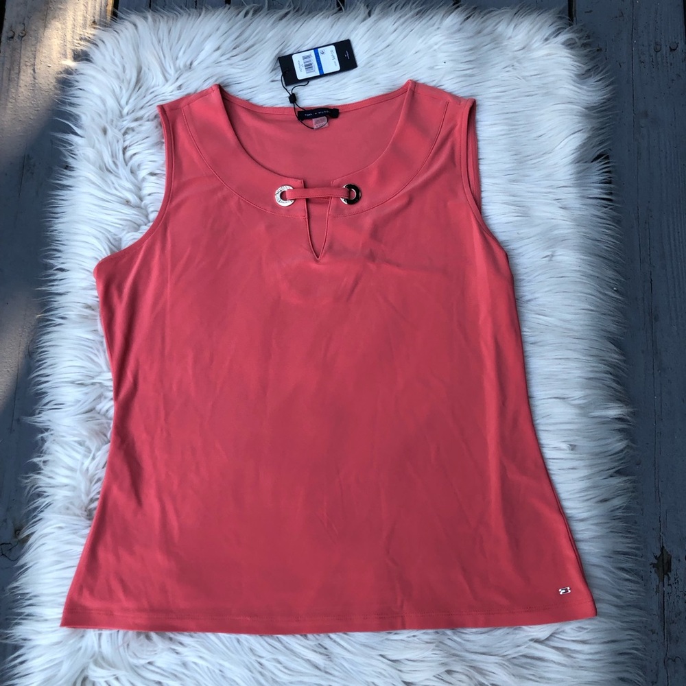 Tommy Hilfiger Coral Sleeveless Slit Neck Golden Grommet Jersey Womens Top XL